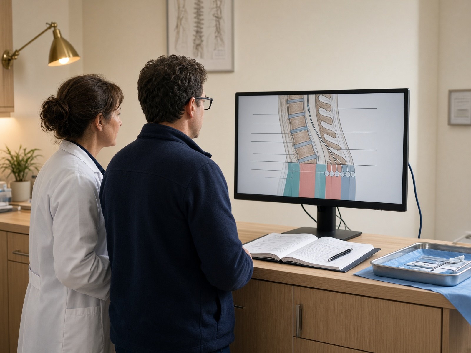 Two scientists working through a clinical evidence plan at a workstation.