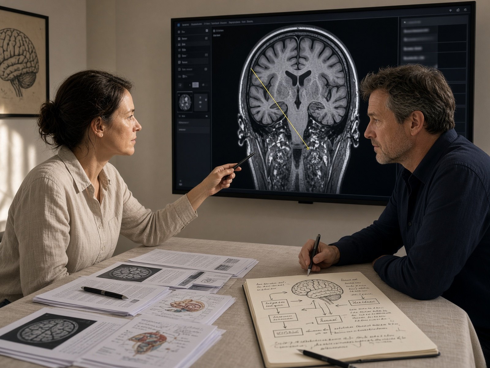 Colleagues reviewing brain imaging and a scientific poster together.