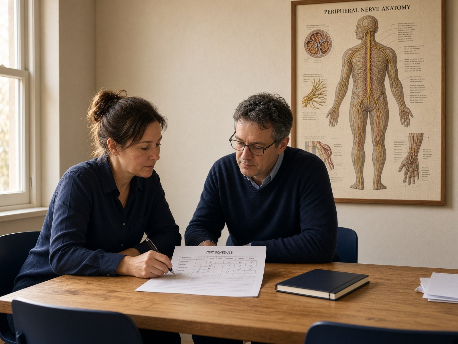 Two people working through a clinical evaluation and literature review.