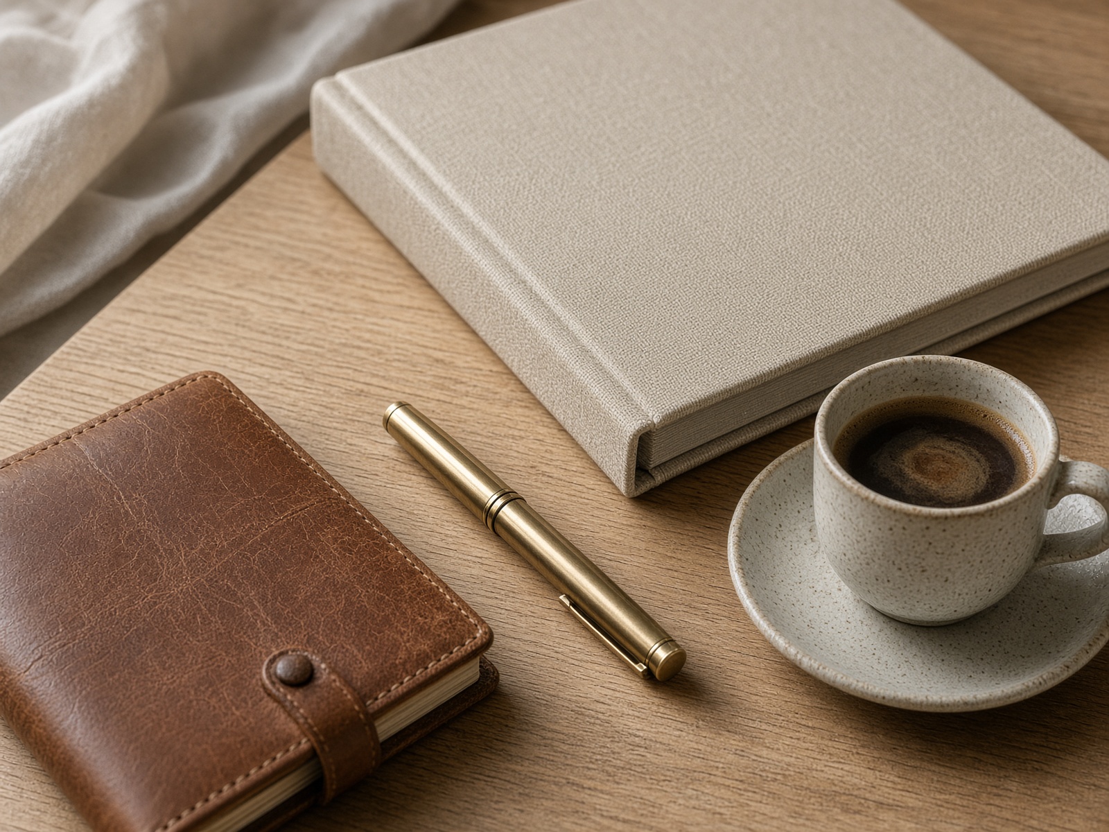 Protocol binder, notebook, and coffee on an oak desk.
