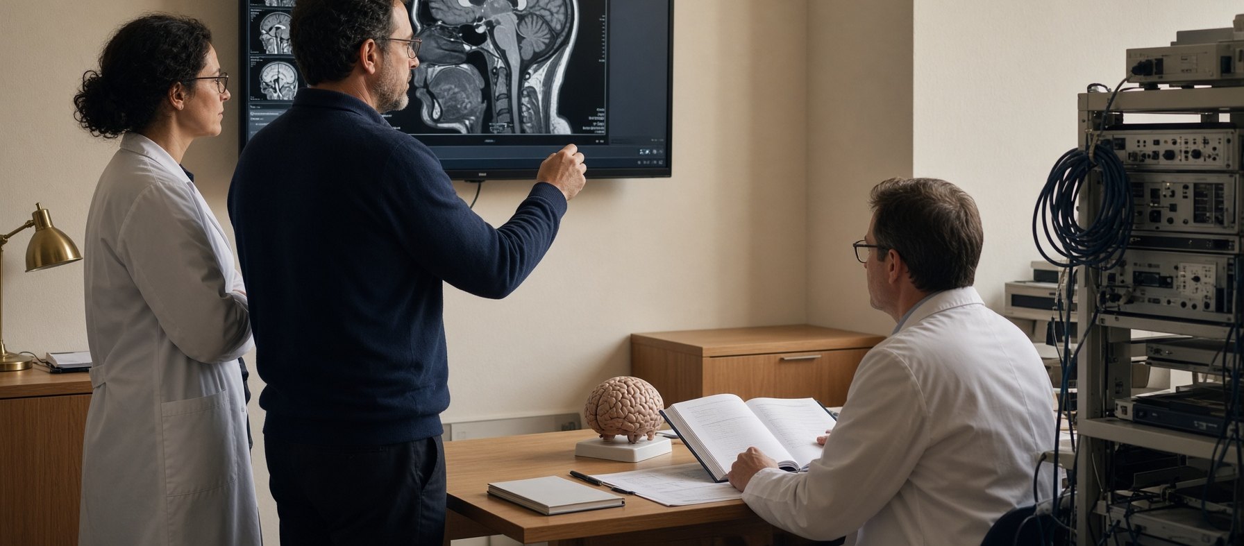 Scientists reviewing brain imaging and a protocol together in a quiet research suite.