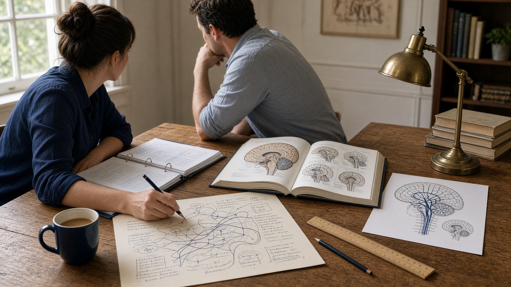 Two colleagues working a clinical strategy over a brain atlas and protocol papers.