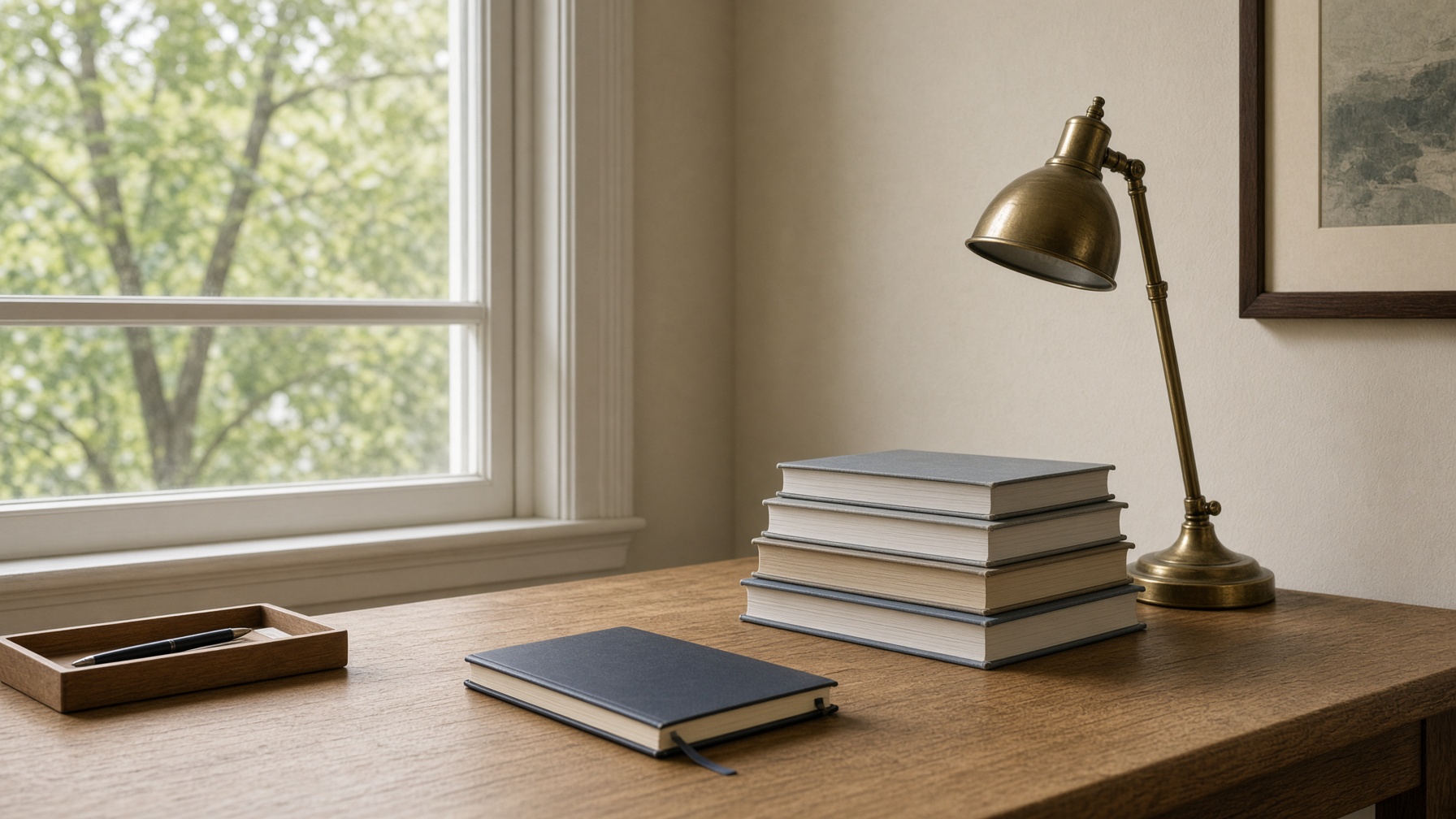 A quiet scientific study with journals, oak desk, and north light.